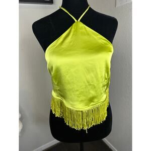 VICI Viva La Vida Satin Fringe Halter Top - Lime Green Small